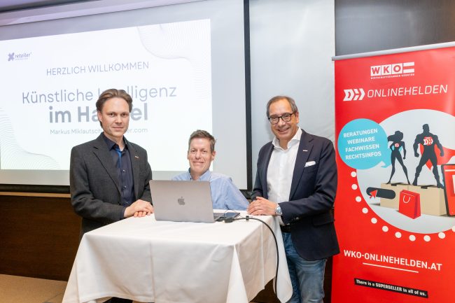 Raimund Haberl (Spartenobmann Handel), Vortragender Markus Miklautsch und Gastgeber Mag. Christian Tyl (Bezirksstellenobmann Villach) Raimund Haberl (Spartenobmann Handel), Vortragender Markus Miklautsch und Gastgeber Mag. Christian Tyl (Bezirksstellenobmann Villach)